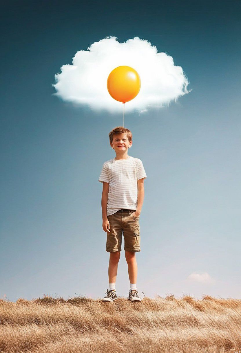 F-B-C, foreground: a boy holding a yellow balloon  on a string , background: a cloud in the sky , effect: the cloud is a fried egg