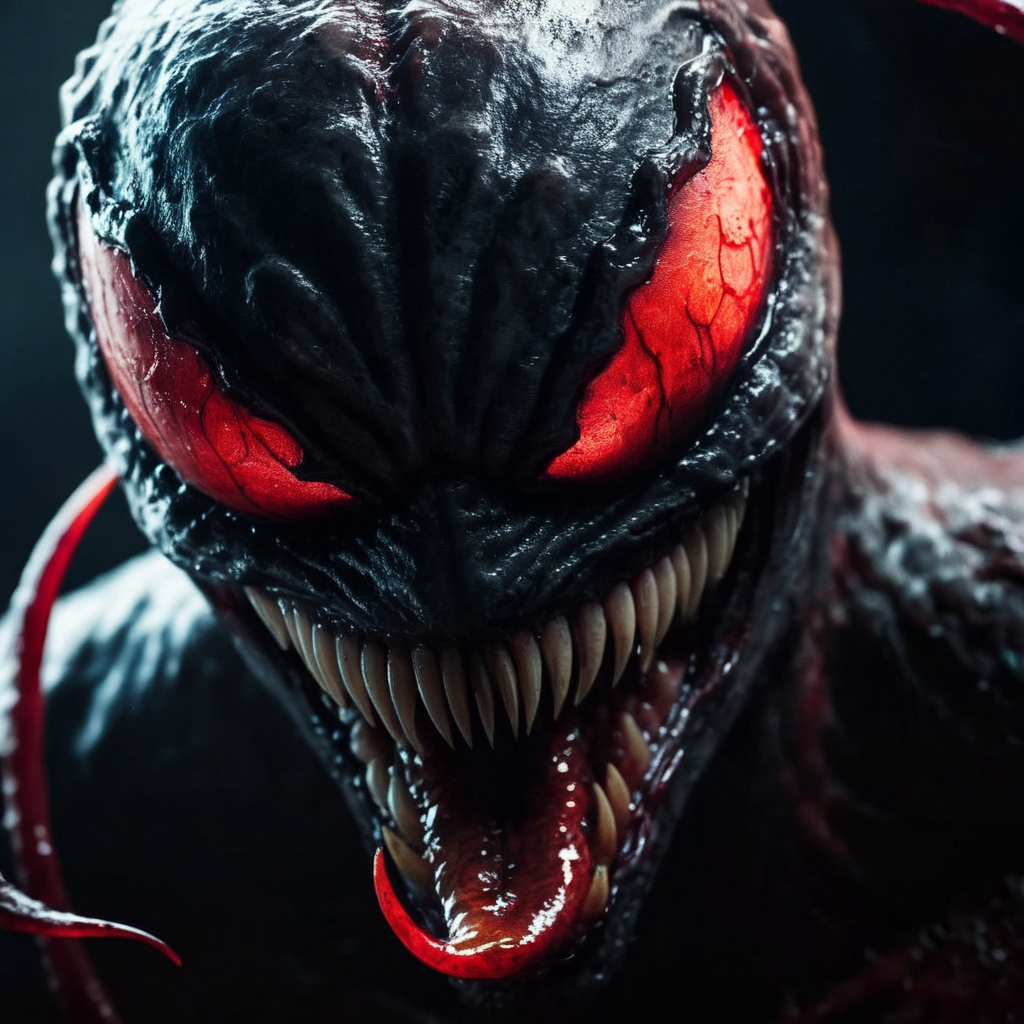 cinematic film still of  <lora:Symbiote Style v2:1> detailed sharpened
a demonic looking creature with red eyes and a bloody face Symbiote Style staring at camera, shallow depth of field, vignette, highly detailed, high budget, bokeh, cinemascope, moody, epic, gorgeous, film grain, grainy