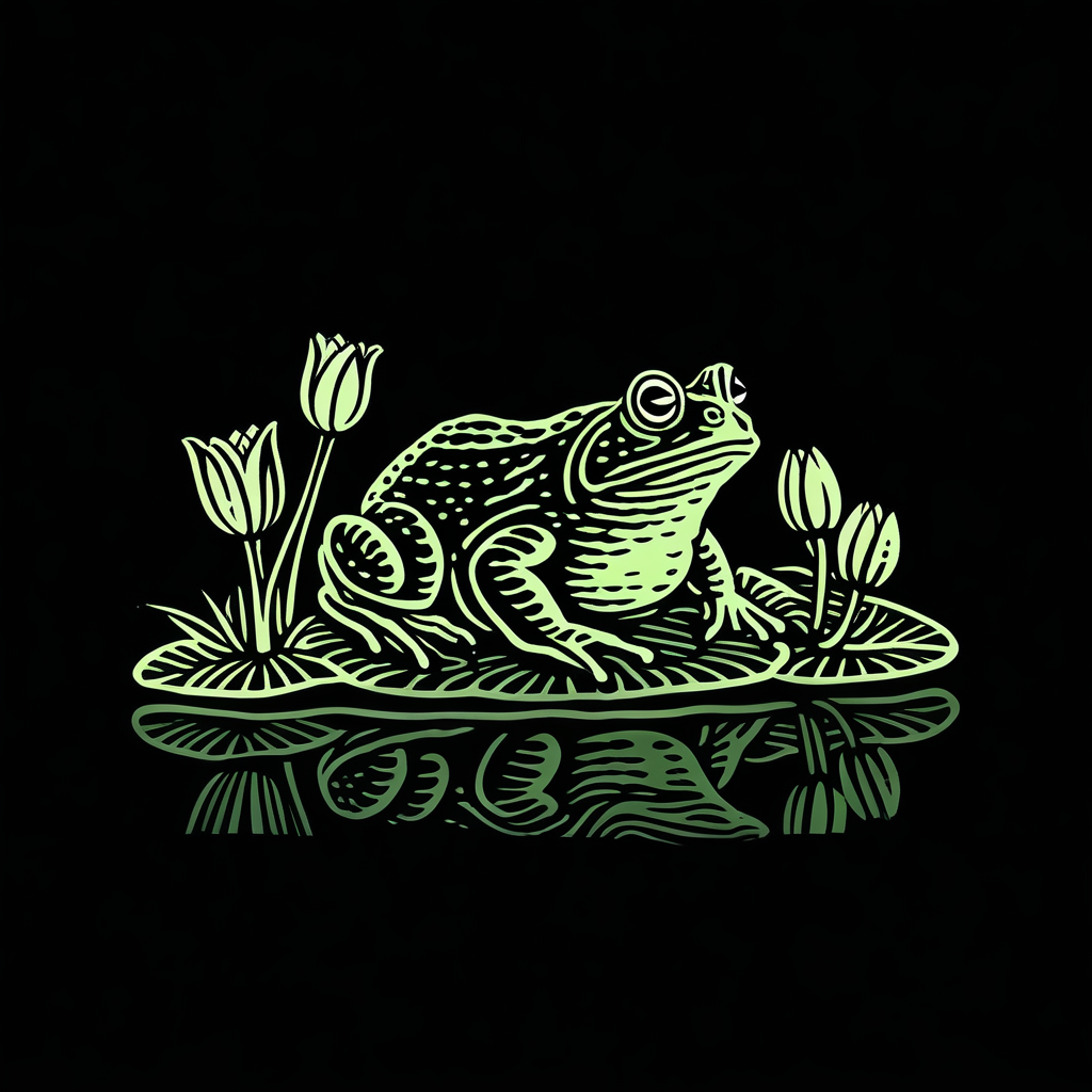 simple_green_engraving, a frog is sitting on a lily pad