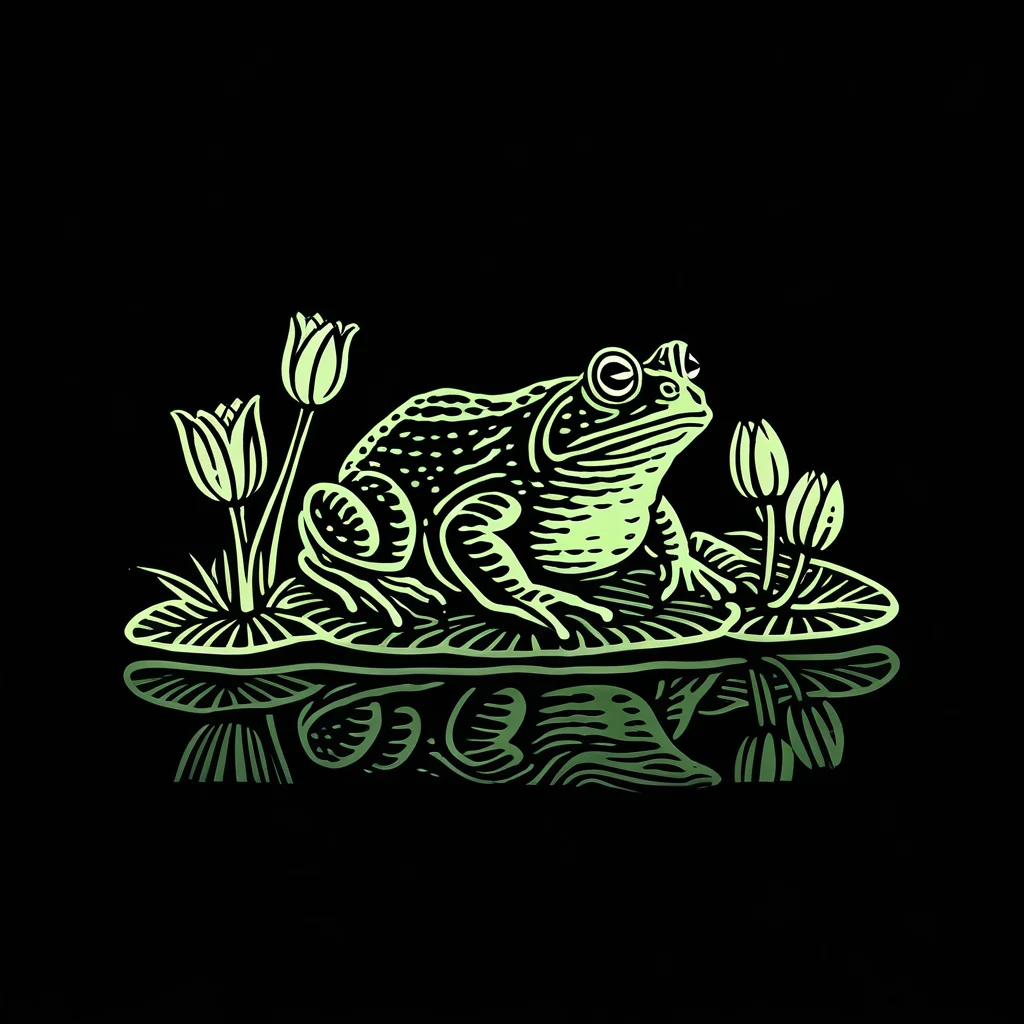 simple_green_engraving, a frog is sitting on a lily pad