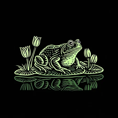 simple_green_engraving, a frog is sitting on a lily pad