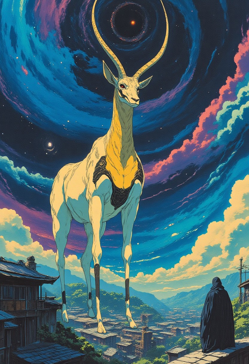A hyper-realistic digital anime style, Illustration of a giant legendary oryx standing majestically behind an ancient city with traditional Japanese-style buildings. The oryx, colossal in scale, towers over the city, with its lower legs alone as tall as the tallest structures below. Its pelage is a pristine pale white, contrasted by striking dark markings along its elongated face and powerful legs. Its nearly straight horns stretch upward, reaching high above, casting long shadows across the cityscape. The mythical creature’s form radiates an aura of divine power, with subtle glowing patterns etched into its fur that shimmer like celestial symbols. The ochre neck of the scimitar oryx variant flows seamlessly into the pale body, while faint dark head markings accentuate its regal, god-like presence. The sky bursts with vivid, dynamic colors — deep blues, radiant purples, and brilliant oranges — giving the scene a fantastical, awe-inspiring backdrop. The buildings below are detailed with tiled roofs and wooden facades, their scale emphasizing the monumental size of the oryx. Hints of golden light reflect off the animal’s sleek coat, making it appear almost ethereal, a deity watching over the city with silent majesty.