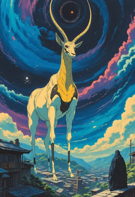A hyper-realistic digital anime style, Illustration of a giant legendary oryx standing majestically behind an ancient city with traditional Japanese-style buildings. The oryx, colossal in scale, towers over the city, with its lower legs alone as tall as the tallest structures below. Its pelage is a pristine pale white, contrasted by striking dark markings along its elongated face and powerful legs. Its nearly straight horns stretch upward, reaching high above, casting long shadows across the cityscape. The mythical creature’s form radiates an aura of divine power, with subtle glowing patterns etched into its fur that shimmer like celestial symbols. The ochre neck of the scimitar oryx variant flows seamlessly into the pale body, while faint dark head markings accentuate its regal, god-like presence. The sky bursts with vivid, dynamic colors — deep blues, radiant purples, and brilliant oranges — giving the scene a fantastical, awe-inspiring backdrop. The buildings below are detailed with tiled roofs and wooden facades, their scale emphasizing the monumental size of the oryx. Hints of golden light reflect off the animal’s sleek coat, making it appear almost ethereal, a deity watching over the city with silent majesty.