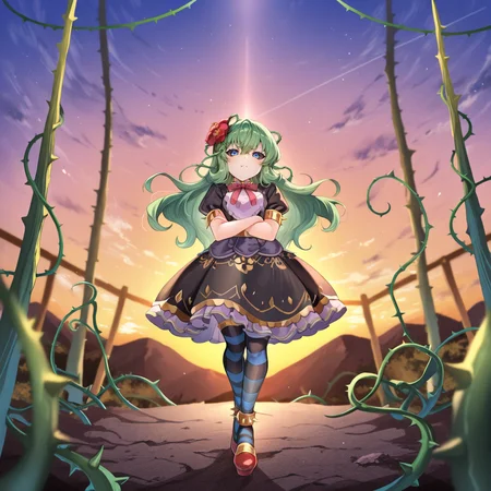 <lora:ChamIllustriousBackgroundEnhancer:0.5> <lora:illustrious_quality_modifiers_masterpieces_v1:0.8> ,  masterpiece, very aesthetic, absurdres, best quality, amazing quality, high resolution, newest, very awa, scenery, volumetric lighting, solo,  looking at viewer,  <lora:ToraIllustrious:0.8> , tordef, 1girl, solo, long hair, green hair, black sclera, blue eyes, hair flower, neck ribbon, bib collar, black dress, frilled dress, gold trim, juliet sleeves, yellow armlet, spiked armlet, yellow belt, horizontal-striped thighhighs, yellow anklet, spiked anklet, high heels, plant, thorns, vines, exterior, evening, by noyu (noyu23386566), frown, pout, crossed arms,