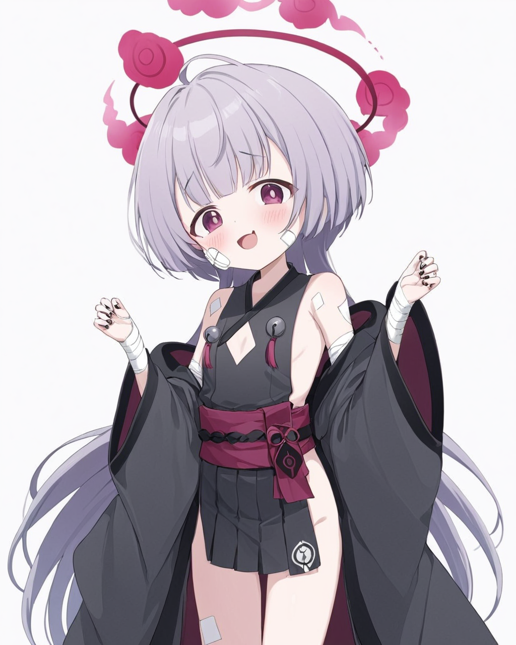 shuro \(blue archive\),1girl, halo, solo, simple_background, white_background, bandages, black_nails, looking_at_viewer, bandaid_on_cheek, open_mouth, blush, long_sleeves, wide_sleeves, fang, obi, clothing_cutout, ahoge, nail_polish, off_shoulder, black_kimono, :d
<lora:shuro_(blue_archive)_image571_2023-12-03:1>halo. gorgeous,key visual, vibrant, studio anime,award-winning, professional, highly detailed,high budget, cinemascope