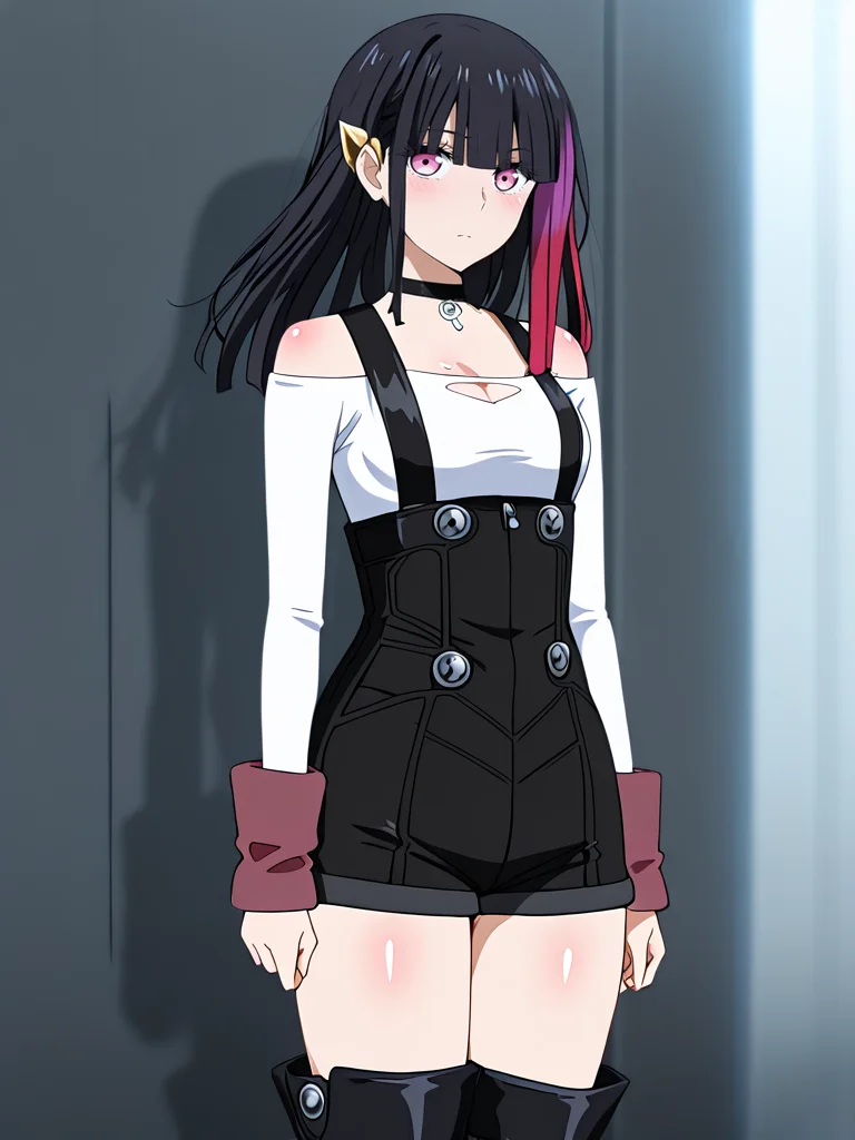 (masterpiece, very aesthetic, absurdres, best quality, high quality, cinematic shadow:1.4), body blush,character focus,perfect hands, small breasts,sidelocks,  cowboy shot, <lora:HandFixer_pdxl_Incrs_v1:1> handfixer,looking at viewer,<lora:StS-Illustrious-Detail-Slider-v1.0:4>, ,,  <lora:eyelashext_v10:1>,  <lora:rouge:1>, rouge, long black hair, streaked hair,blunt bangs,pink eyes,multicolored hair, rougedress,gold ear ornament,black key choker, white off-shoulder shirt,clothing cutout,long sleeves, indian red arm warmers,black overall shorts,buttons, red coat, purple socks, black boots,