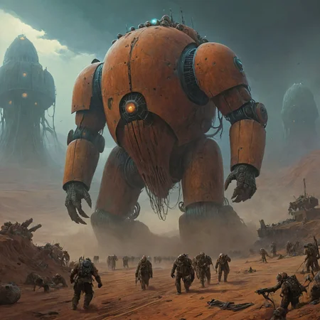 (((army of giant mechanical golems marching across a desert planet))),(((armada))) ,military, armored, weapons, blue, laser, cannon, Panzerblitzechse, robust construct,unbreakable, unstoppable, invincible, heavy armor,joints,oil,cables,massive legs, atmosphere of horror and terror,science fiction,evil machinery,analyze target,ready for strike,detailed reflections,glow,energy sparks,eerie mist,
best quality,masterpiece,absurdes,disturbing,action,creepy,chthonic,nightmare ,mood contrast between subject and background,outstanding,proffesional, masterwork,dynamic composition,in dynamic,(acid deep colors),fluorescent colors,colorful,color contrast,primary colors,no gradients,chiaroscuro,eerie atmosphere, painting, concept art, High angle From avove, camera from above, Bird's-eye view, aerial shot view,atompunk,dieselpunk, post-apocalypse,dystopia, futuristic,high-tech,cybernetic,(((no humans)))
outstanding, proffesional, masterwork,epic scale,deep image visualisation