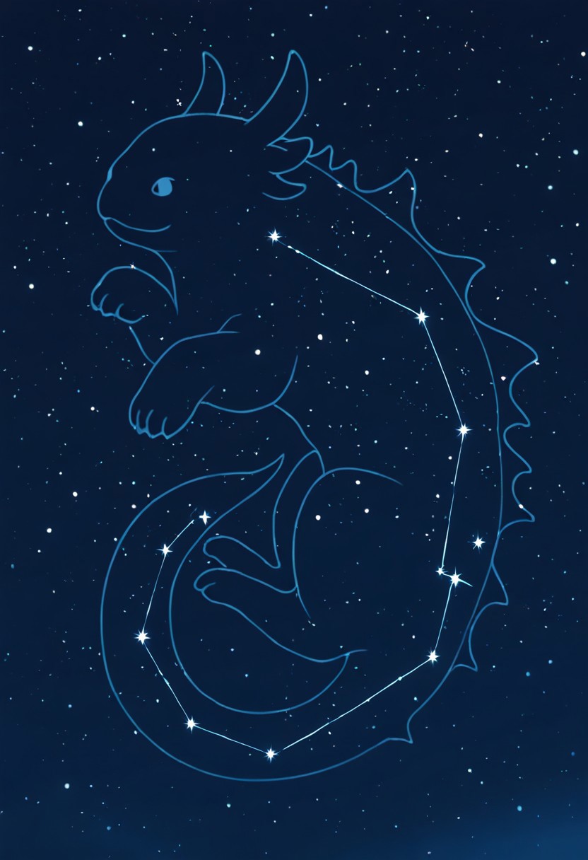 masterpiece, best quality, newest, absurdres, highres, anime, anime style, LSCV1.0, constellation, star (sky), starry sky, night sky, night, starry sky, no humans, animal, animal focus, axolotl, silhouette, monochrome,