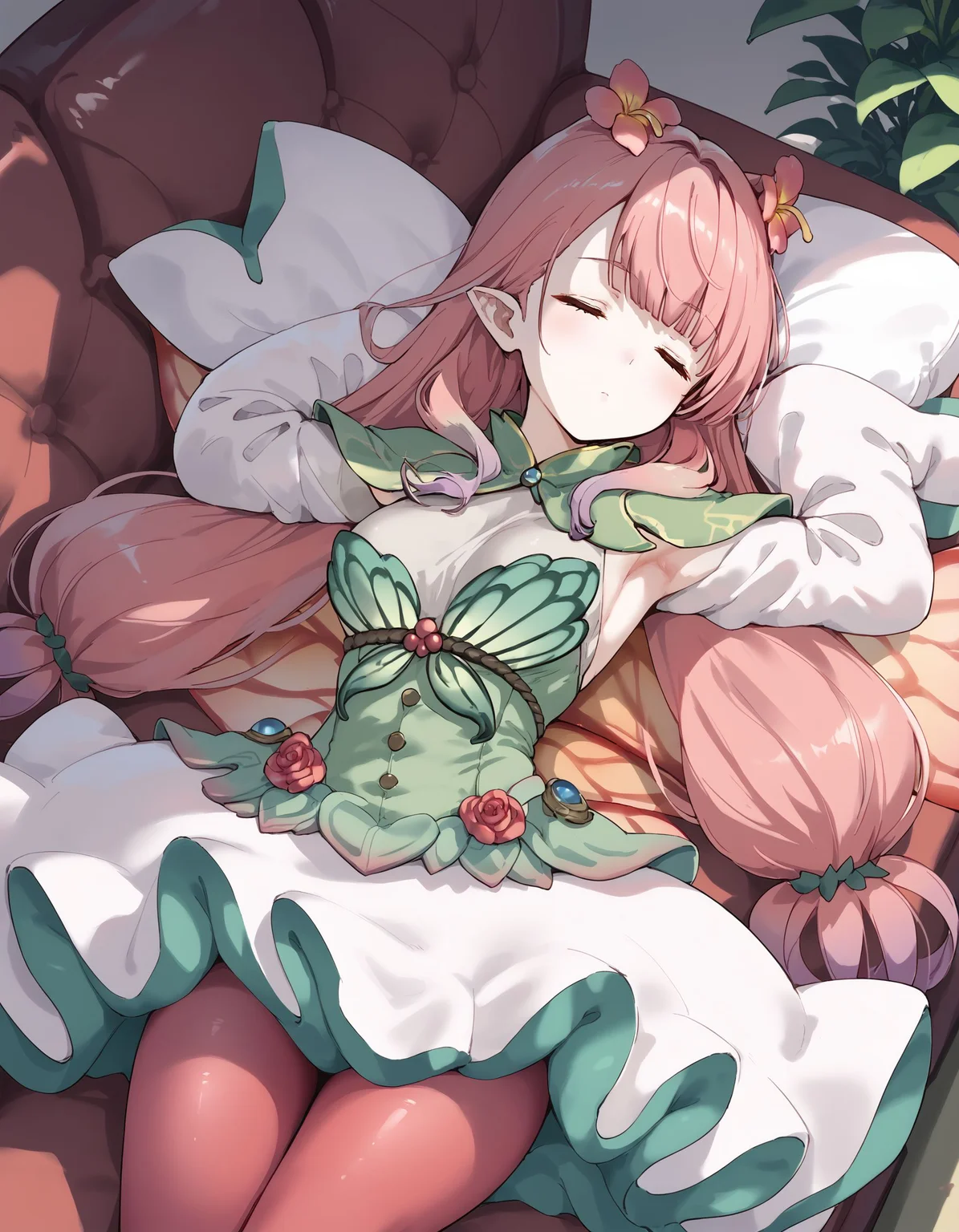 score_9, score_8_up, score_7_up, score_6_up, BREAK source_anime, best quality, masterpiece,
1girl,medium breasts,<lora:mirabilis fehPonyXL:0.8>,mirabilis feh,butterfly wings,detached sleeves,capelet,sleeveless dress,pantyhose,low-tied long hair,cowboy shot,lying,on back,on couch,sleeping,dutch angle,from above,