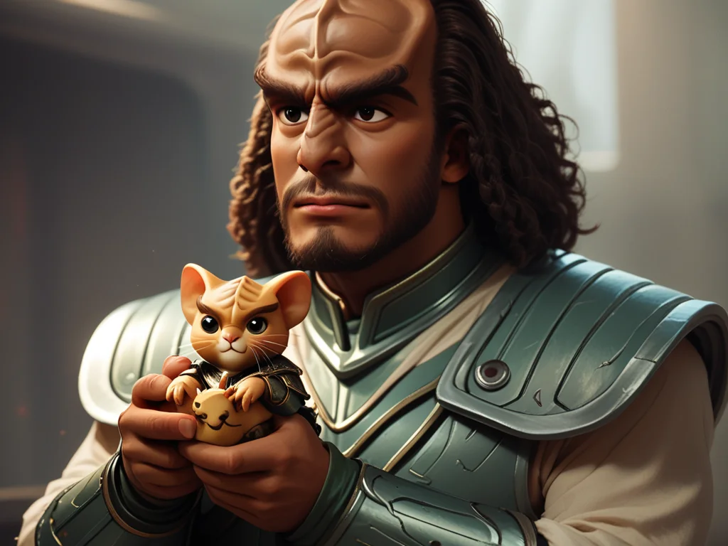 holding a cute kitten <lora:Klingon_v2_pony:1> score_9,score_8_up,score_7_up,score_6_up,score_5_up,score_4_up , 1man, kling0n alien, large forehead ridges, brown skin, large eyebrows, wearing warrior armor,