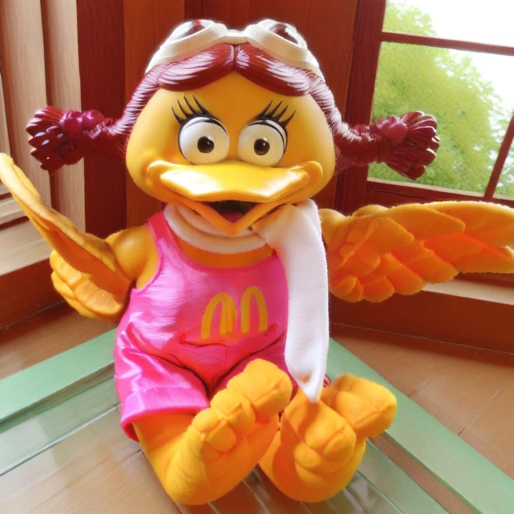 m symbol on chest, black eyes, talen feet, 3D, red pigtails hair, yellow bird, white scarf, goggles on top of head, yellow beak, pink romper, feather hands, Birdy, female anthro