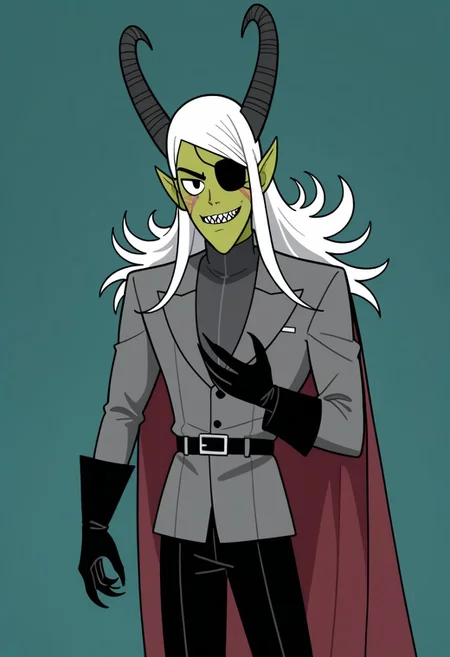 Solo, one character, 
1boy, solo, one character, adult, MrGreen, long thin head, point ears, point chin, green skin, long white hair, large gray ram-like horns, short nostril slits, sharp teeth, claws, eye-patch over right eye, dark gray tunic suit, flaming burgundy cape, black gloves, black pants, black shoes, black belt with golden buckle, black left eye, scar under right eye,