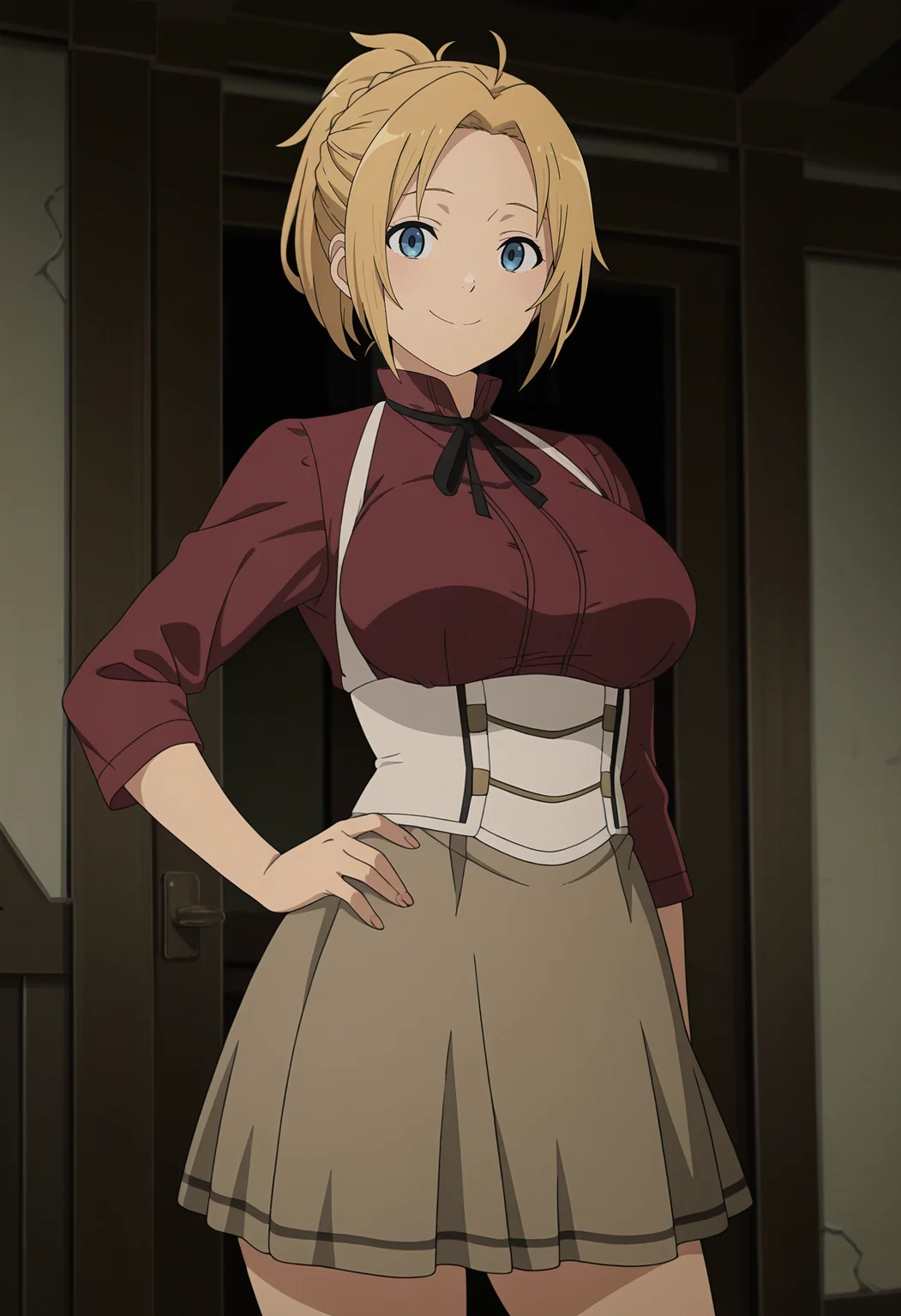 1girl,solo,mm,mature female,blonde hair,blue eyes,braid,ponytail,large breasts,anime coloring,
red shirt,ribbon,skirt,cowboy shot,hand on own hip,looking at viewer, smile,indoors
,masterpiece,best quality,amazing quality,<lora:Zenith_Greyrat-Mushoku_Tensei_ix:0.8>