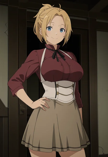 1girl,solo,mm,mature female,blonde hair,blue eyes,braid,ponytail,large breasts,anime coloring,
red shirt,ribbon,skirt,cowboy shot,hand on own hip,looking at viewer, smile,indoors
,masterpiece,best quality,amazing quality,<lora:Zenith_Greyrat-Mushoku_Tensei_ix:0.8>