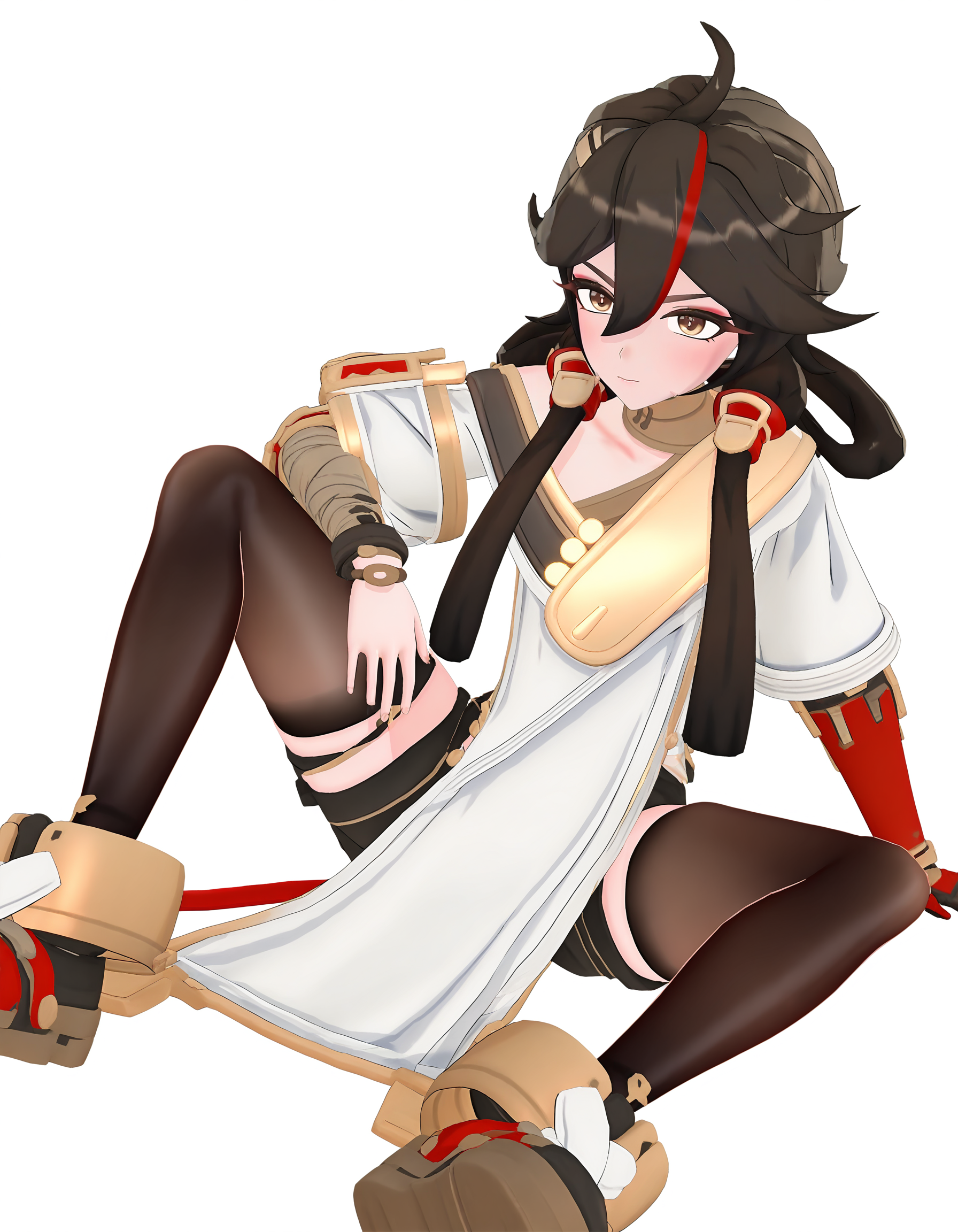 <lora:changan_noob:0.9>,3dchangan,huanxing-changan,1girl,solo,white background,thighhighs,simple background,sitting,shorts,hair between eyes,closed mouth,looking at viewer,brown footwear,brown hair,brown eyes,long hair,gloves,multicolored hair,bangs,black hair,streaked hair,red hair,
masterpiece,best quality,very aesthetic,absurdres,