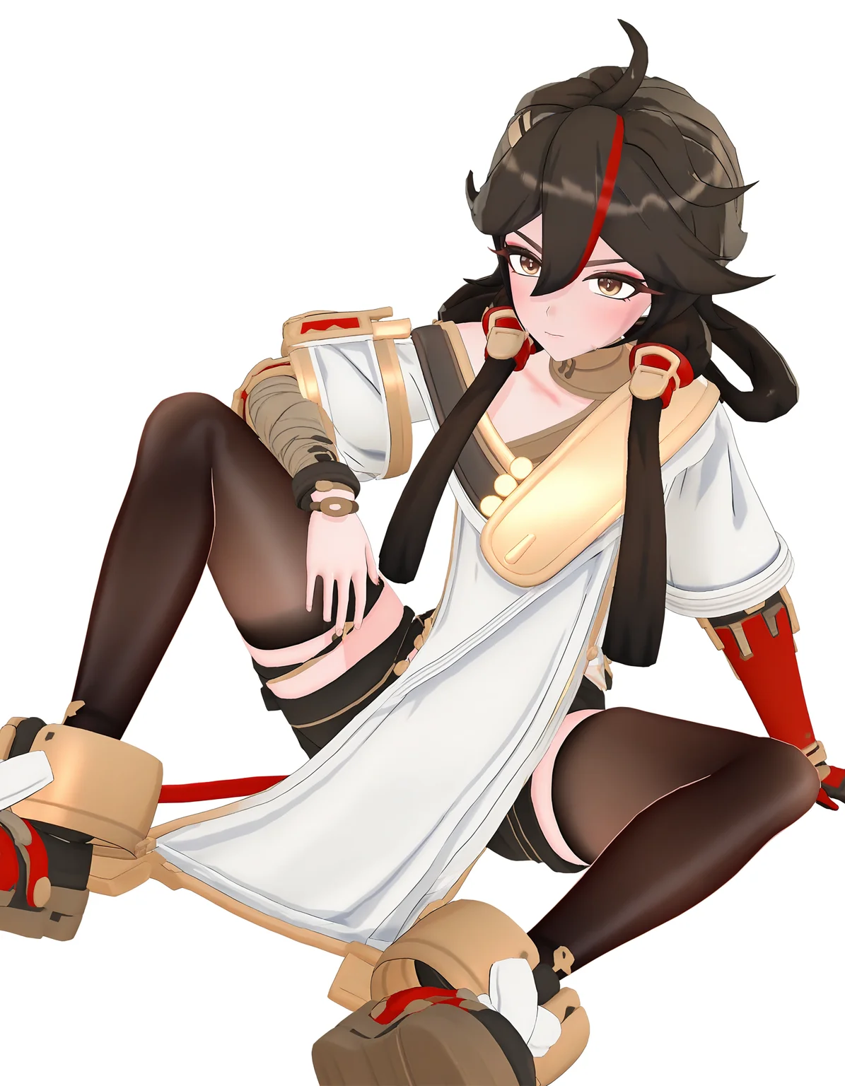 <lora:changan_noob:0.9>,3dchangan,huanxing-changan,1girl,solo,white background,thighhighs,simple background,sitting,shorts,hair between eyes,closed mouth,looking at viewer,brown footwear,brown hair,brown eyes,long hair,gloves,multicolored hair,bangs,black hair,streaked hair,red hair,
masterpiece,best quality,very aesthetic,absurdres,