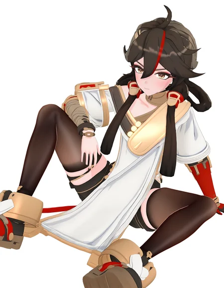 <lora:changan_noob:0.9>,3dchangan,huanxing-changan,1girl,solo,white background,thighhighs,simple background,sitting,shorts,hair between eyes,closed mouth,looking at viewer,brown footwear,brown hair,brown eyes,long hair,gloves,multicolored hair,bangs,black hair,streaked hair,red hair,
masterpiece,best quality,very aesthetic,absurdres,