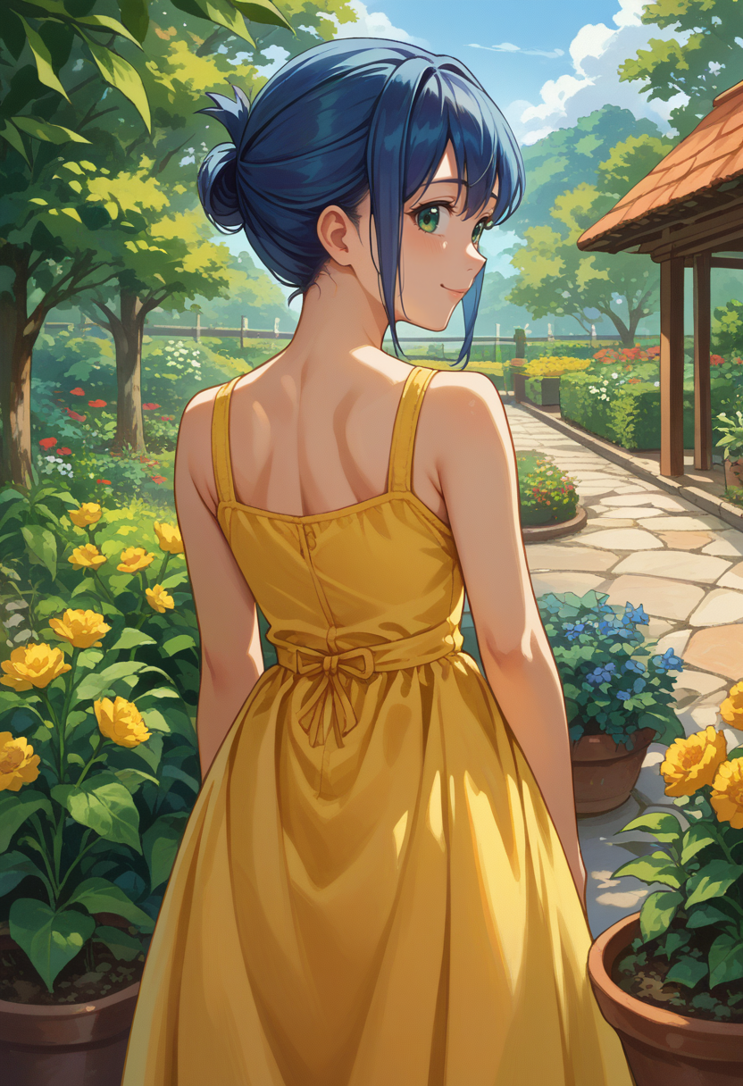 score_9, score_8_up, source_anime, 1girl, solo, KanokoMamiya, green eyes, blue hair, short hair, folded ponytail, from behind, yellow sundress, garden, day, sunshine, smile, looking back, <lora:ChamKanokoMamiyaPonyXL:1>