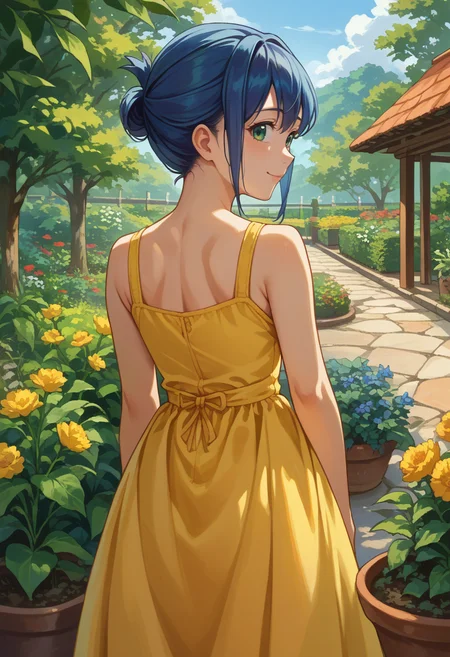 score_9, score_8_up, source_anime, 1girl, solo, KanokoMamiya, green eyes, blue hair, short hair, folded ponytail, from behind, yellow sundress, garden, day, sunshine, smile, looking back, <lora:ChamKanokoMamiyaPonyXL:1>
