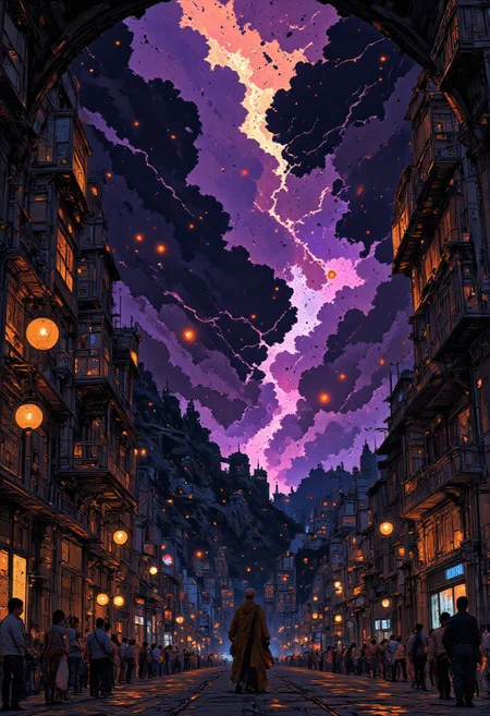 « The old sun set and cast up a fan of purple color. »