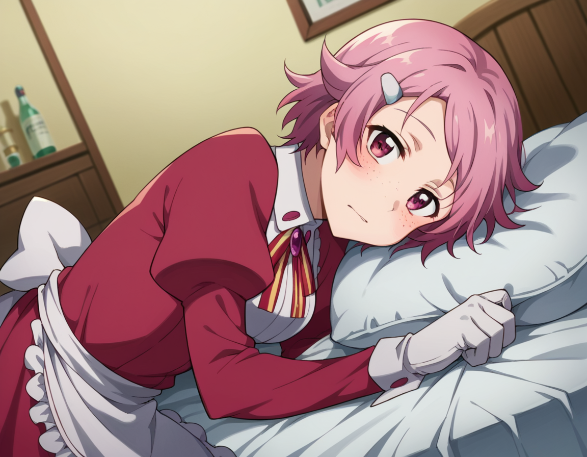 score_9, score_8_up, score_7_up, source_anime,
rikashinozaki, <lora:rika-shinozaki-s1-ponyxl-lora-nochekaiser:1>,
rika shinozaki, short hair, hair ornament, pink hair, hairclip, pink eyes, freckles, parted bangs,
long sleeves, ribbon, neck ribbon, puffy sleeves, juliet sleeves, collar, gemstone, gloves, dress, red dress, frills, apron,
indoors, bed, bed room, on side, blush, drunk,
looking at viewer, cowboy shot, solo, dutch angle,