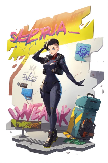 score_9,
<lora:gachasplash_v1_pruned:1>, white background, full body,
1girl, solo, undercut, black hair,
cyber, cyberpunk, science fiction, bodysuit, neon, black, graffiti,
high resolution, Masterpiece