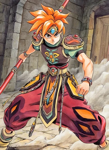 masterpiece, best quality, amazing quality, ermi, cyb88, traditional media, terranigmark, 1boy, solo, toned male, spiky orange hair, design pauldrons, jewel headband, print shirt, green sleeves, bracelets, belt straps, red baggy pants, footwear, holding weapon, bo staff, indoors, catabomb, chains, dust, stone walls, serious