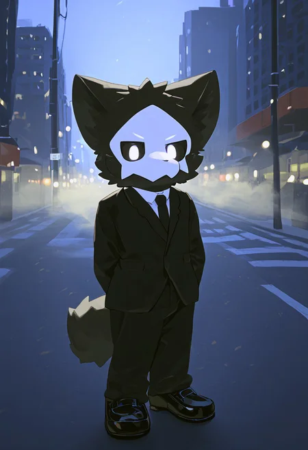 lv1rubili, zPDXL2, furry, anthro, cute, kemono, male focus, score_9, score_8_up, score_7_up, full body, digital art, highly detailed, looking at viewer, standing to viewer, full view, puro, black latex, furry, changed, white eyes, white mask, black fur, 1boy, solo, moody nighttime atmosphere, night city background, (((wear formal attire and trousers))), (((standing on street with an angry expression on his face))), (((wear formal shoes))), (((fog is everywhere)))