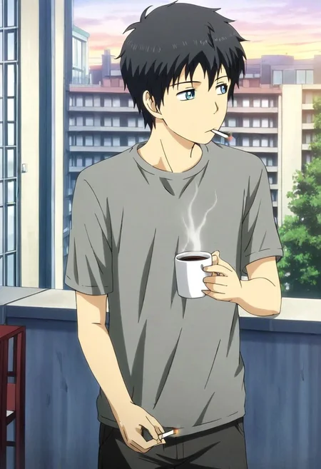 high resolution, solo, best quality, 1Boy, Arata Kaizaki, Black Hair, Blue Eyes, home balcony, morning, cigarette, coffee, t-shirt, shorts, looking away, OverallDetail