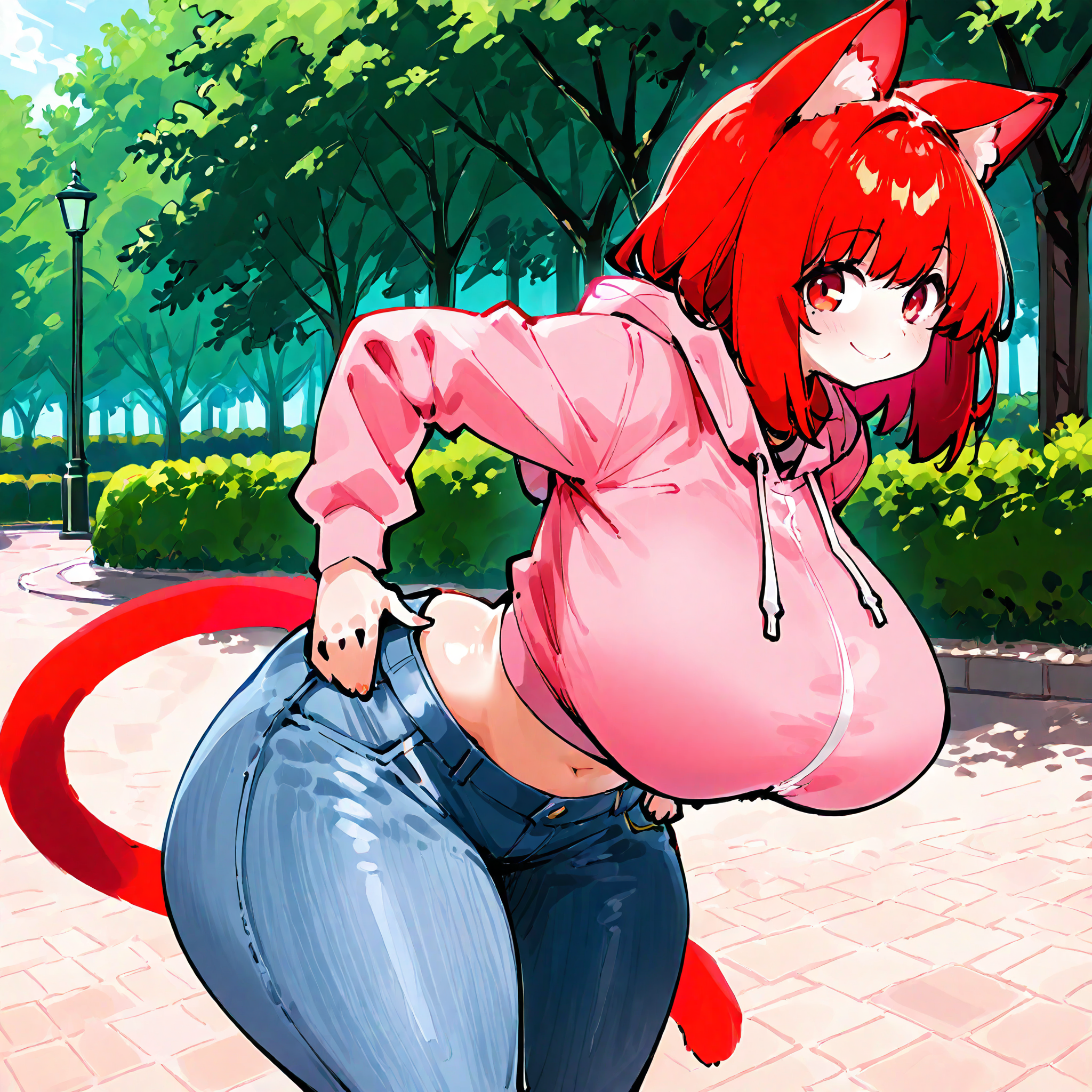 (masterpiece), best quality, (highly detailed), 1female, solo, <lora:Rr001c_style_Illustrious:0.8>, pink_hoodie, red cat ears, red hair, cat tail, jeans, huge breasts, smile, park, outdoor, standing, hands on hips, wide hips, red eyes, midriff, hoodie, leaning forward,