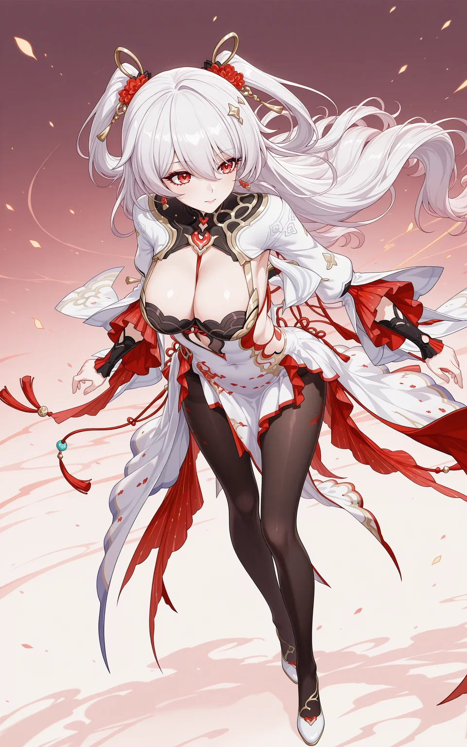 <lora:xl-ill-theresa apocalypse(lunar vow_crimson love)-v1-000010:0.8>,theresa apocalypse\(lunar vow:crimson love\),1girl,solo,breasts,red eyes,dress,long hair,cleavage,pantyhose,white footwear,chinese clothes,pelvic curtain,white dress,hair between eyes,two side up,white hair,black pantyhose,