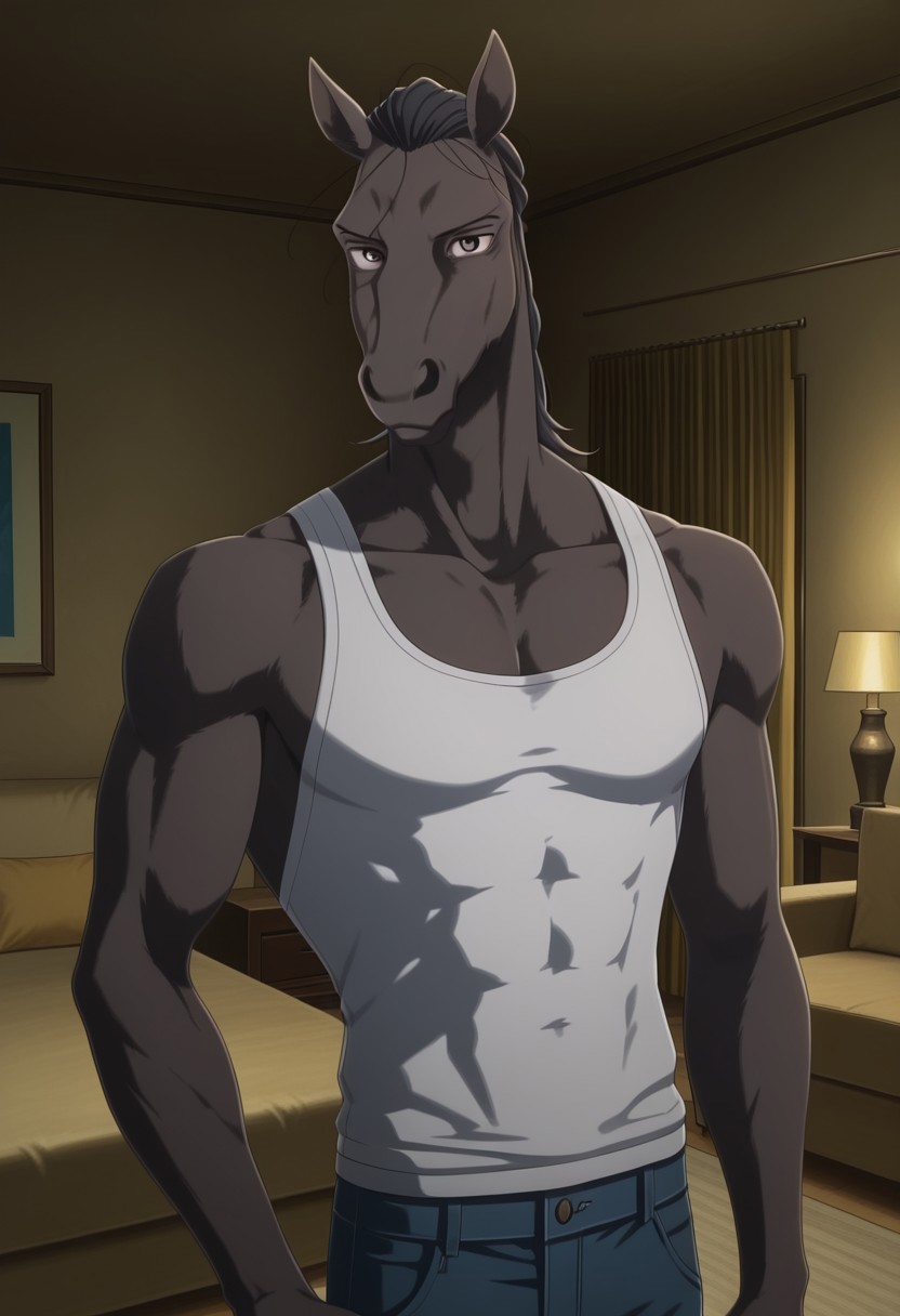 high quality, detailed, Yahya, mature male, anthro, anthro male, horse, grayish brown body, black hair, brown eyes, animal ears, beastars, athletic build, broad shoulders, white tank top, blue jeans, looking at viewer, indoors, living room, lavish room, half-body, standing, muscular, pecs, abs