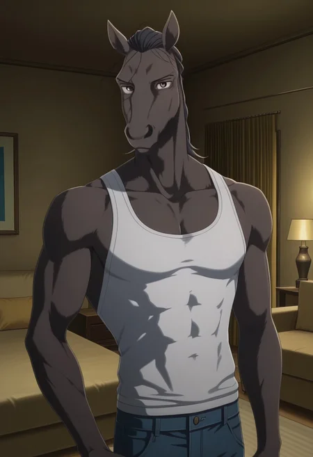 high quality, detailed, Yahya, mature male, anthro, anthro male, horse, grayish brown body, black hair, brown eyes, animal ears, beastars, athletic build, broad shoulders, white tank top, blue jeans, looking at viewer, indoors, living room, lavish room, half-body, standing, muscular, pecs, abs