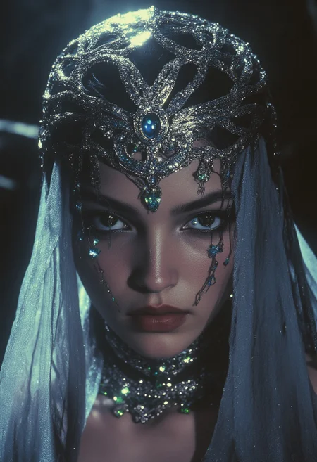 ArsMovieStill, 80s Fantasy Movie Still, In the depths of a mystic reverie, a dark-skinned enchantress materializes, her presence a whispered secret in the velvet darkness. Her eyes, like shattered emeralds, glimmer with an unholy light, as if the very essence of the forest has been distilled into their piercing gaze. A tattered, lace-like veil, a gossamer whisper of forgotten dreams, clings to her skin like a damp, moonlit mist, casting an eerie, silvered glow across her features. The light that bathes her is a crazed, flickering thing, a mad dance of sunbeams and shadowy tendrils that twist and writhe like living serpents around her face. Upon her head, a crown of jagged, chrome splinters reigns, its diamonds flashing like a riot of fireflies on a summer's night, as a diamond-encrusted necklace slithers around her neck like a glittering, venomous serpent. A face ornament, a delicate, bejeweled latticework, sprawls across her cheeks and forehead like a mad, its silver chains and diamonds glinting with a manic, fevered light, as if the very fabric of reality has been torn asunder to reveal a glimpse of the surreal, dreamlike realm that lies beyond. And yet, amidst this maelstrom of color and light, the enchantress remains, a serene, unyielding presence, her gaze a cold, dark mirror that reflects the very soul of the viewer, drawing them in with an otherworldly allure, a siren's call that beckons them deeper into the heart of the madness.
