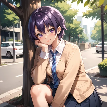 score_9, score_8_up, score_7_up,source_anime, <lora:(Pony) Mako-chan_Kaihatsu_Nikki:0.8> makchn, scuni, purple hair, purple eyes, white collared shirt, beige cardigan, blue necktie, blue pleated skirt, miniskirt, street, tree, against tree, smile, head rest, lens flare, sunlight, depth of field, cowboy shot,