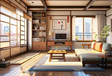 ((front view)), ((Japanese animation style)), modern-style interior, with white walls, (large windows), Nordic-style furniture, a  study, Sofa, coffee table, bookcase, single wall, 
warm light morning sun, (the view of the city)