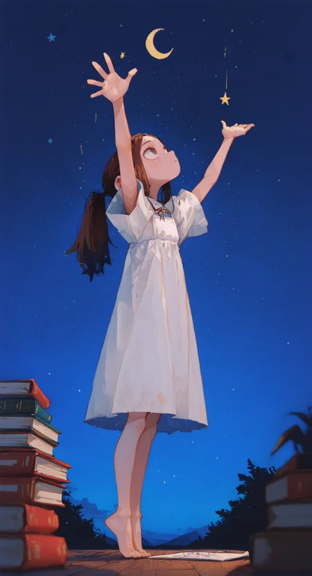 masterpiece, best quality, good quality, very awa, newest, highres, absurdres, 1girl, solo, long hair, brown hair, black hair, dress, standing, ponytail, sky, barefoot, white dress, star \(symbol\), arms up, book, night, traditional media, moon, looking up, star \(sky\), night sky, child, starry sky, reaching, tiptoes, crescent moon, book stack, haiz_ai, 0huton_illu,
drawing_style, <lora:ponyv6_noobE11_2_adamW-000017:0.3> <lora:drawing_style_illustriousXL:0.39999999999999997> <lora:96YOTTEA-WAI:1> <lora:0hu_ton:0.85> <lora:haiz_ai_illu:1> <lora:namukijpg_ill:0.85>