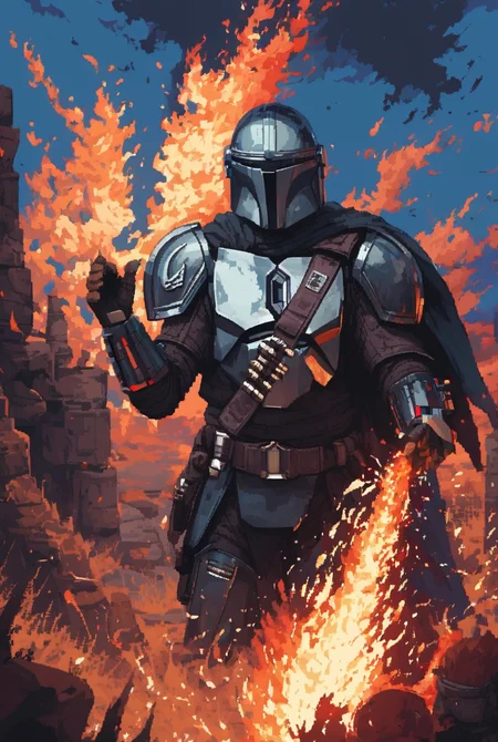 The Mandalorian, solo, gloves, 1boy,  helmet, science fiction,
 armour, gunmetal armour trim, intricate patterns, highly precise
swirling flame, explosion
[pixel art,  detailed,]
  <lora:d3p1x3lXLP:1>  <lora:The Mandalorian PONY:1>