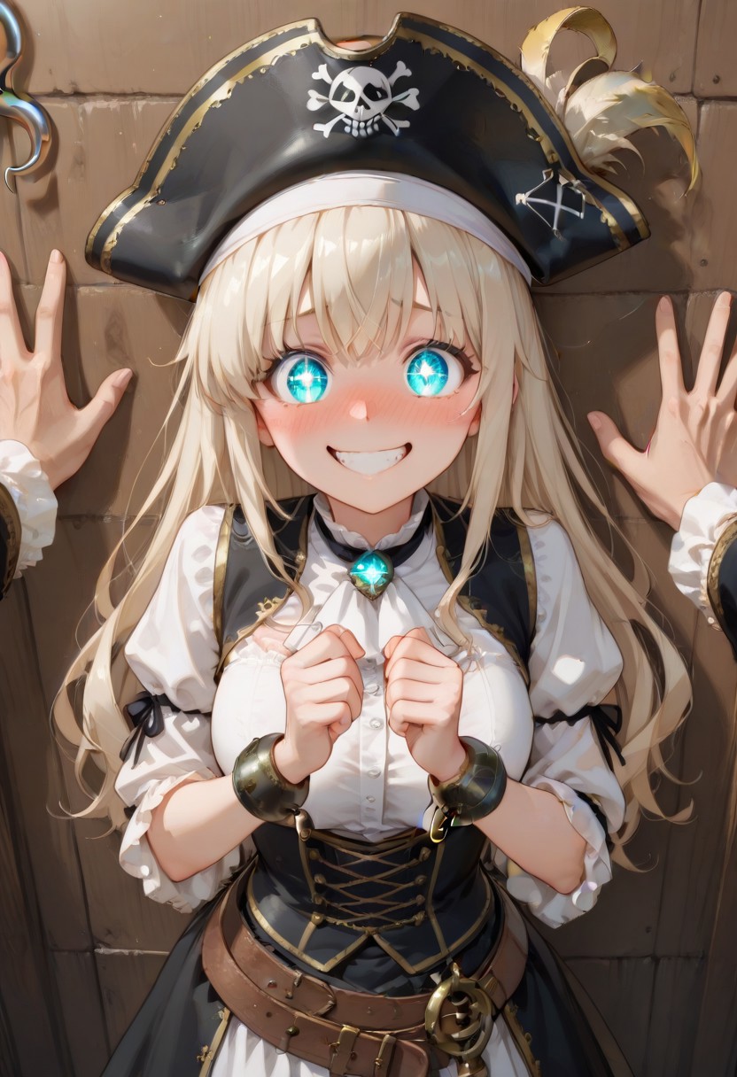 povkabedon, 1girl, solo focus , lazypos, pirate outfit, glowing smile, sparkly eyes, nose blush, extremely excited, cheerful, extremely happy, , full of illusion, (hook hands against wall)