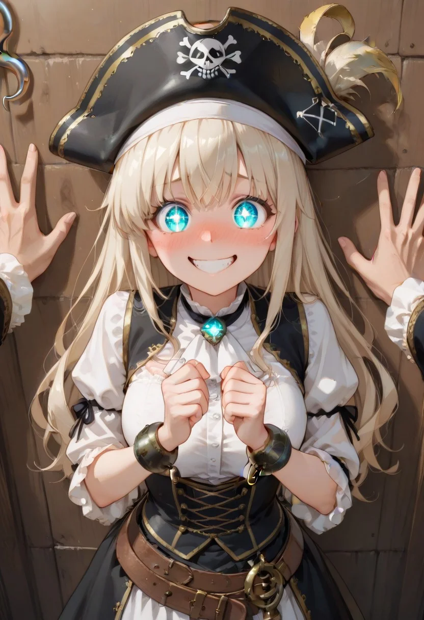 povkabedon, 1girl, solo focus , lazypos, pirate outfit, glowing smile, sparkly eyes, nose blush, extremely excited, cheerful, extremely happy, , full of illusion, (hook hands against wall)