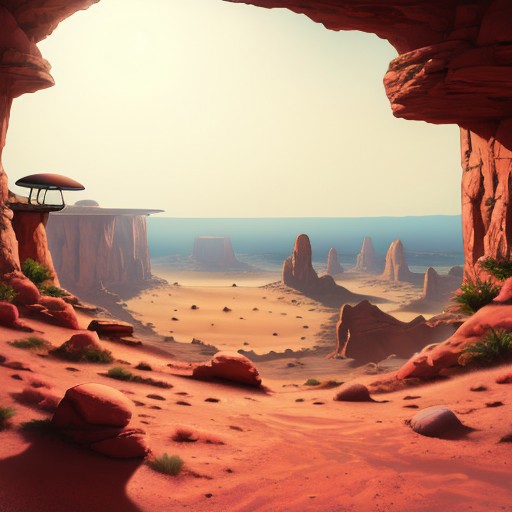astronaut, sitting cross-legged, alien world, desert, no plants, no animals, lunar lander in the distance, sun rising over horizon, dawn, contemplation,  sand, rocks, cliffs, desolation, arid wasteland, isolated, isolation, score_9,score_8,score_7,score_8_up,score_7_up,score_6_up,