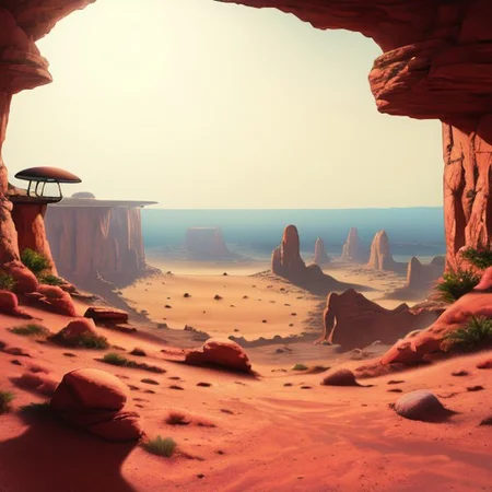 astronaut, sitting cross-legged, alien world, desert, no plants, no animals, lunar lander in the distance, sun rising over horizon, dawn, contemplation,  sand, rocks, cliffs, desolation, arid wasteland, isolated, isolation, score_9,score_8,score_7,score_8_up,score_7_up,score_6_up,