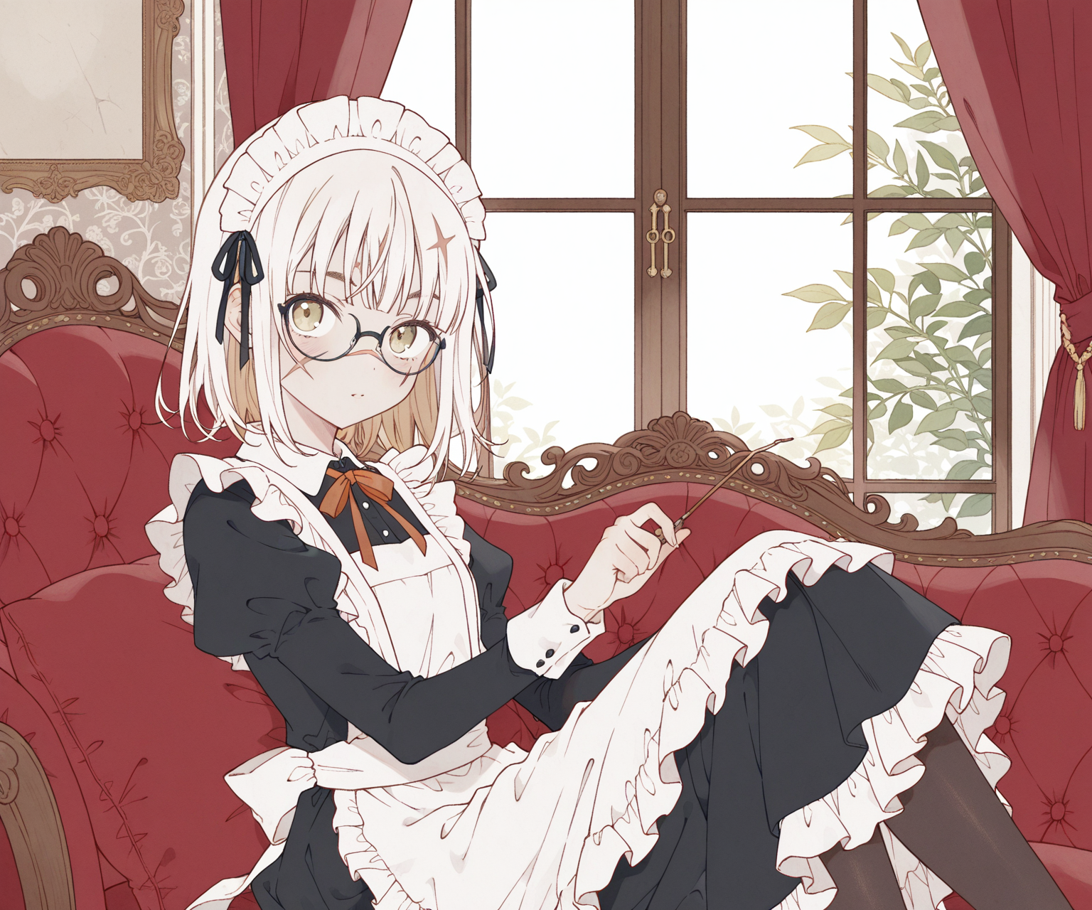 masterpiece, best quality, amazing quality, , 1girl, solo, glasses, scar on face, looking at viewer,maid, maid headdress, sitting,  <lora:o0Platinum0o style ILL-v2:1>  o0Platinum0o, detailed background