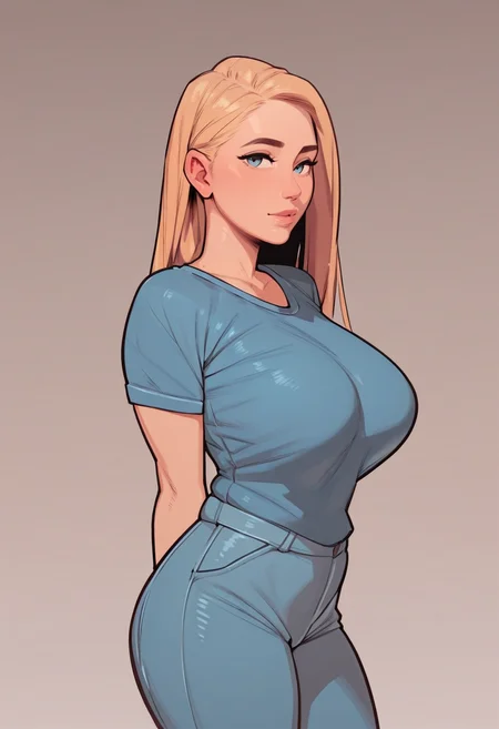 score_9, score_8_up, score_7_up, score_6_up, score_5_up, score_4_up, young woman standing looking at viewer, blonde hair, blue tshirt, blue pants, large breasts, solo <lora:MARELycoXL:1>