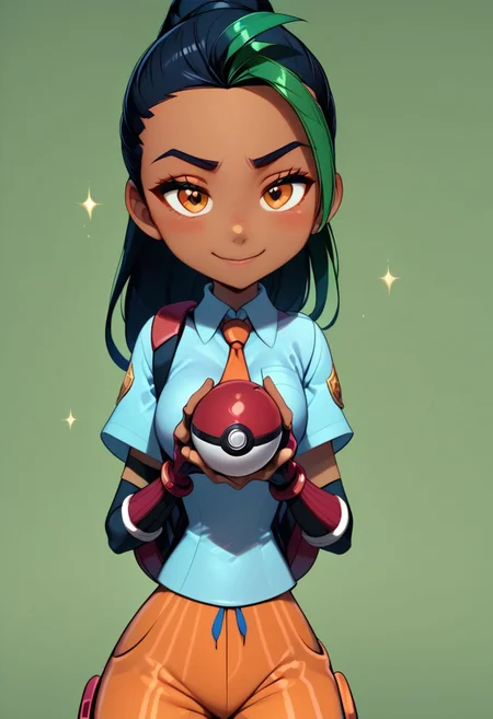 (score_9, score_8_up:1.1), score_7_up, 
subsurface scattering, 
(holding pokeball),
green theme background,glitter,sparkles,shiny,1girl, Live - action adaptation of a 3d character,  1girl, solo, 
BREAK,
curvy, 
Nemona \(Pokemon\), black hair, green hair, orange eyes, dark skin, multicolored hair, two-tone hair, hair pulled back, collared shirt, fingerless gloves, orange shorts, backpack,
BREAK, 
charming face, smile, closed mouth, blushing, looking at viewer,
