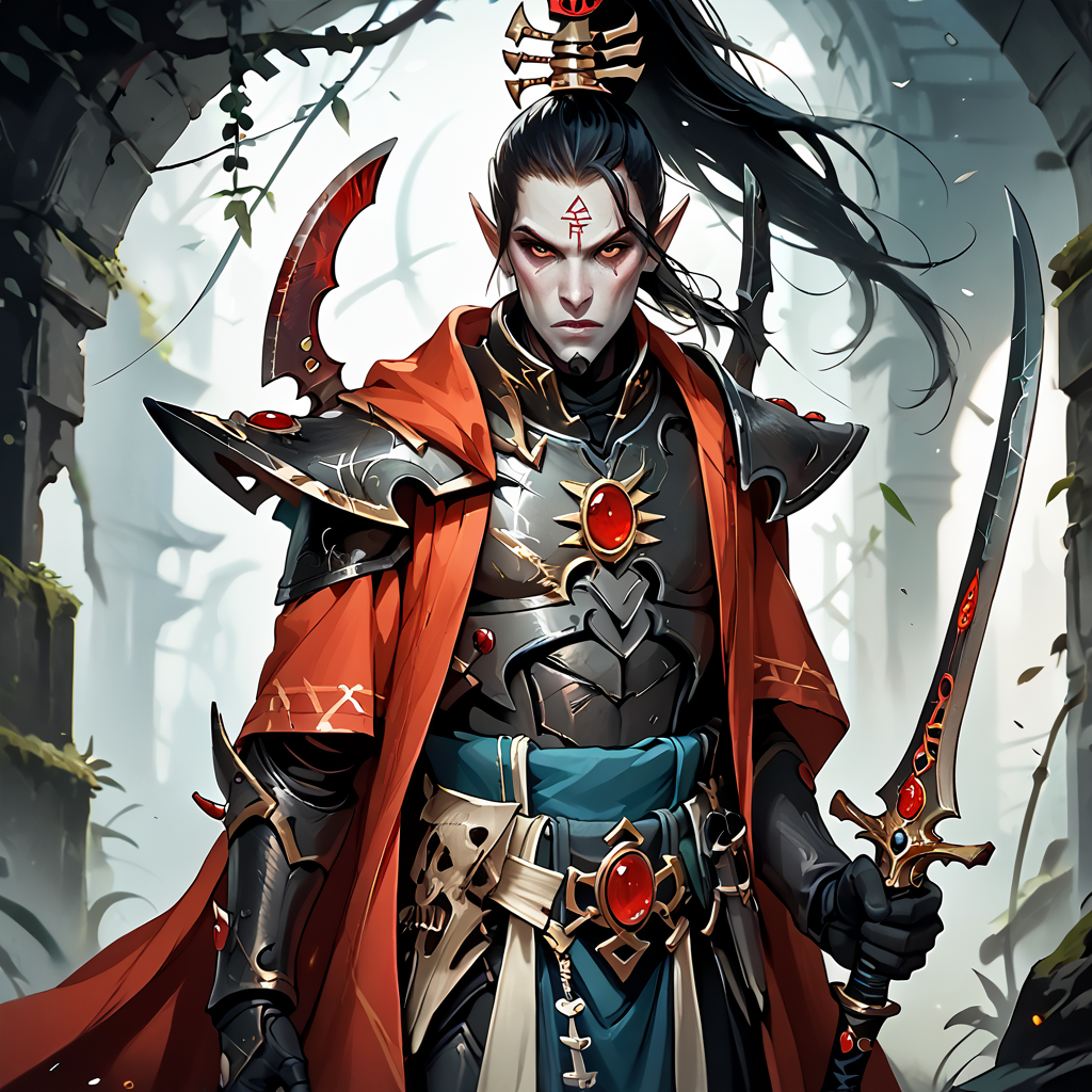 score_9, score_8_up, score_7_up, score_6_up, score_5_up, score_4_up, source_anime, <lora:aeldari_Pony_2:1> aeldari, drukhari, standart drukhari, drukhari's armor, solo, long hair, black hair, hair ornament, red eyes, 1boy, holding, ponytail, weapon, male focus, pointy ears, sword, cape, holding weapon, holding sword,  armor, pale skin