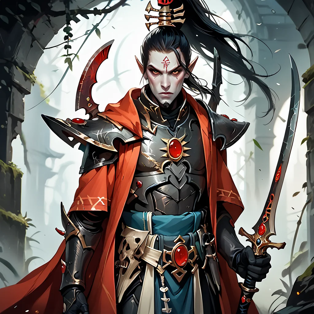 score_9, score_8_up, score_7_up, score_6_up, score_5_up, score_4_up, source_anime, <lora:aeldari_Pony_2:1> aeldari, drukhari, standart drukhari, drukhari's armor, solo, long hair, black hair, hair ornament, red eyes, 1boy, holding, ponytail, weapon, male focus, pointy ears, sword, cape, holding weapon, holding sword, armor, pale skin