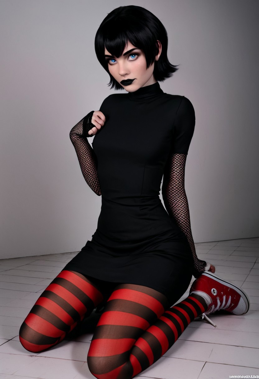 Mavis, blue eyes, short hair, stripped pantyhose, black hair, black dress, fishnet sleeves, solo, closed mouth, sneakers, black lips, high detail, kneeling, sexy pose, pretty face, young face,