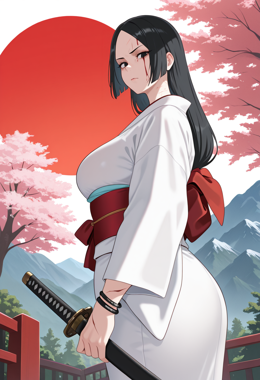 masterpiece, best quality, amazing quality, very aesthetic, absurdres, newest,
tori gate, mountains, kimono, mist, 1girl, mature female, long hair, black hair, black eyes, katana, serious, sakura trees, rising sun, red, white, scars, two bleeding wounds, two bracelets, looking at viewer, from side, from below, <lora:Sunnysundown_Style-IL:1> pksusu