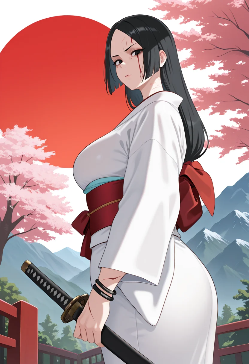 masterpiece, best quality, amazing quality, very aesthetic, absurdres, newest,
tori gate, mountains, kimono, mist, 1girl, mature female, long hair, black hair, black eyes, katana, serious, sakura trees, rising sun, red, white, scars, two bleeding wounds, two bracelets, looking at viewer, from side, from below, <lora:Sunnysundown_Style-IL:1> pksusu